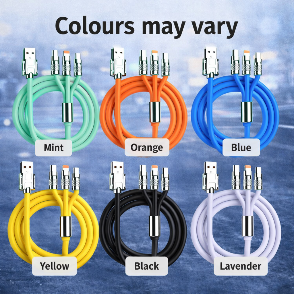 3-in-1 Fast Charging Retractable Data Cable (120W) | USB Type-C | Lightning | Micro-USB | Universal Compatibility | Assorted Colours