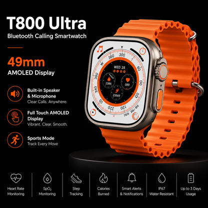 T-800 Ultra Smart Watch for Men & Women | Full Touch HD Display | Heart Rate & SpO₂ Monitor | Sports Mode | Wireless Charging | Smart Notifications | Android & iOS Compatible