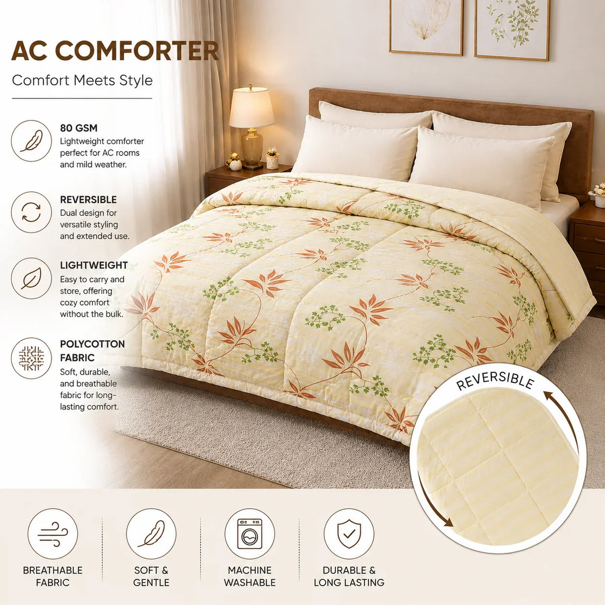AC Comforter | 70×90 Inch Double Bed Quilt | Supersonic | 1100Gms Ultra Soft Microfiber | Lightweight All-Season Blanket for AC Rooms | Reversible Comforter - SC PT