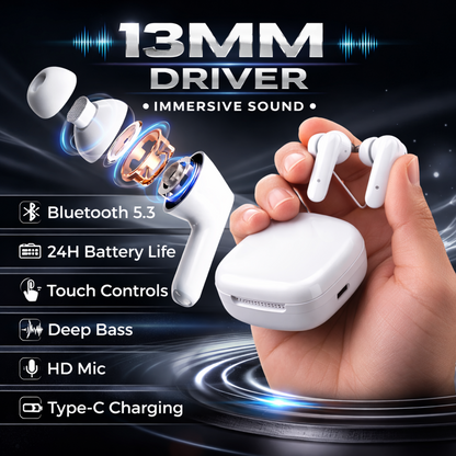 TWS Earbuds with ENC Mic, Bluetooth 5.3, 72H Playtime, 13mm Bass Drivers, Low Latency Gaming Mode & Type-C Charging- HOT