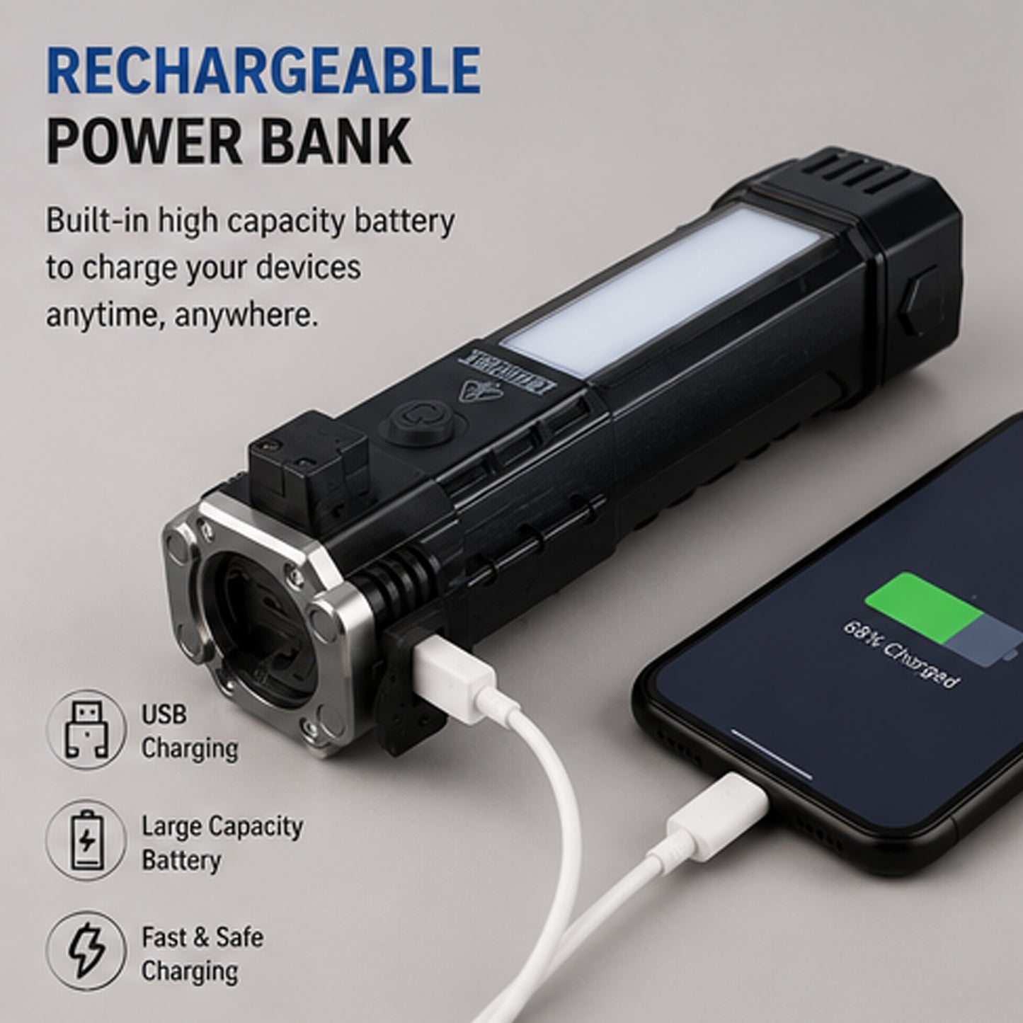 8-in-1 Rechargeable Emergency LED Flashlight Torch with Power Bank